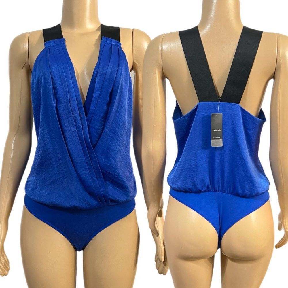 NWT Bebe Silky Satin Pleated Elastic back bodysuit Blue / black Large